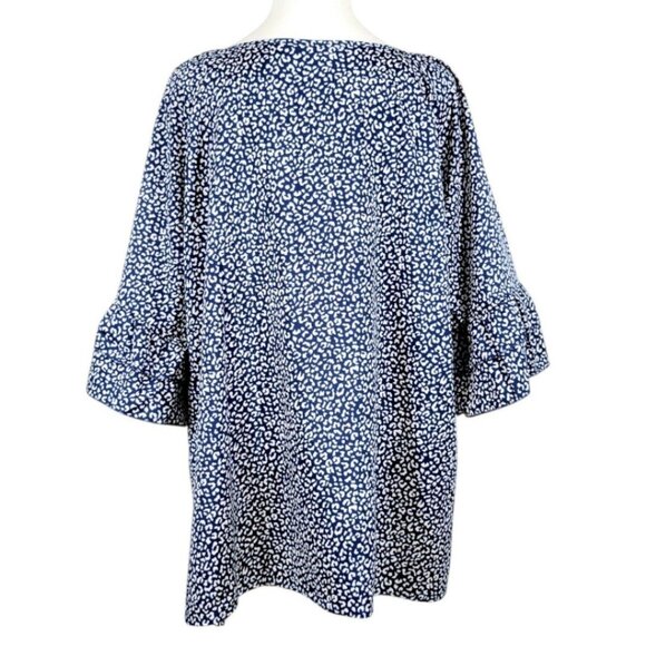 Women's Plus Size 2X Navy Leopard Round Neck Tiered Short Ruffled Sleeve Blouse - Picture 5 of 11